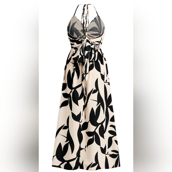 Yozi Black & Cream Leaf Print Halter Maxi Dress – NWOT (Never Worn, Size M) - Picture 2 of 5